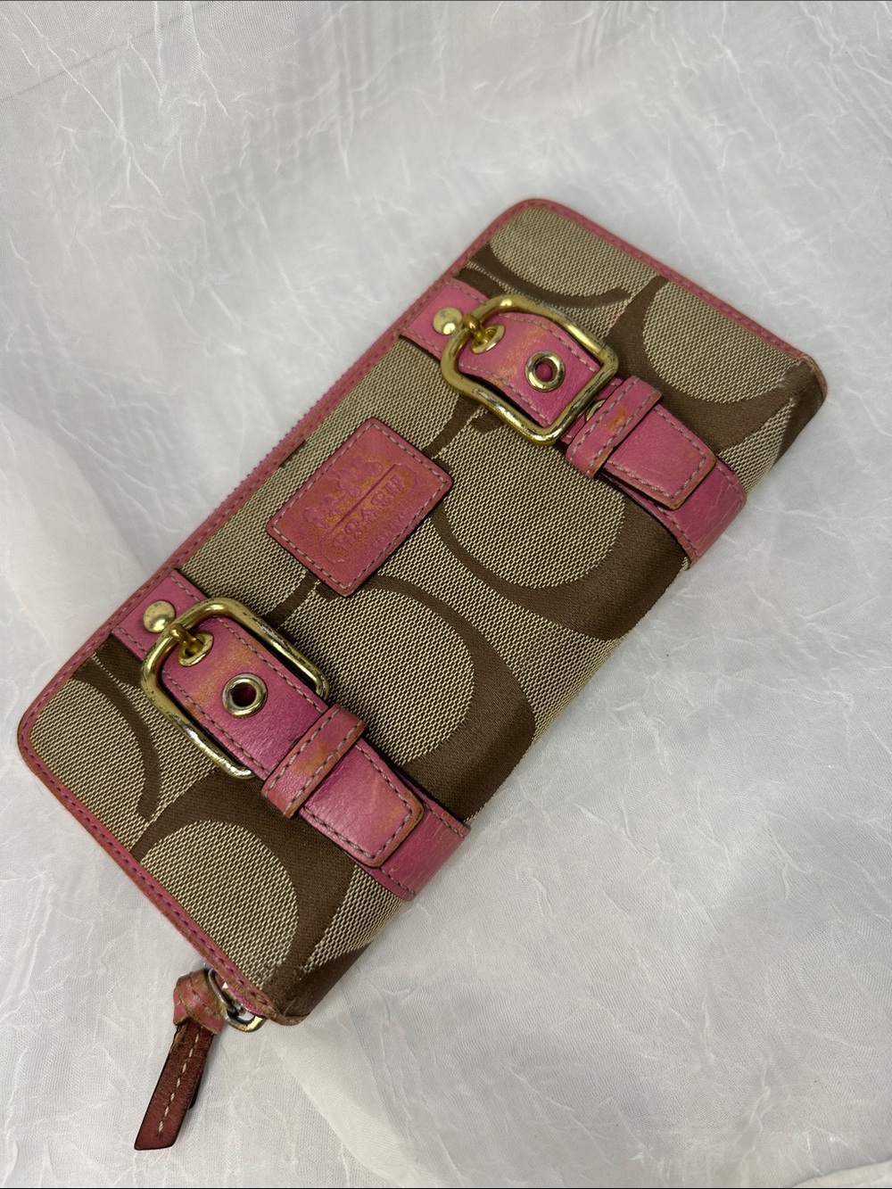 Coach Brown Signature Canvas Wallet with Pink Leather Accents